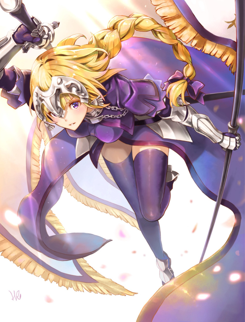 1girl banner blonde_hair blush boots braid breasts capelet chains commentary_request dress eyebrows_visible_through_hair fate/apocrypha fate_(series) headpiece highres holding holding_sword holding_weapon hoshizaki_reita jeanne_d'arc_(fate) jeanne_d'arc_(fate)_(all) large_breasts light_smile long_hair looking_at_viewer parted_lips purple_capelet purple_dress purple_legwear single_braid solo sword thigh-highs violet_eyes weapon