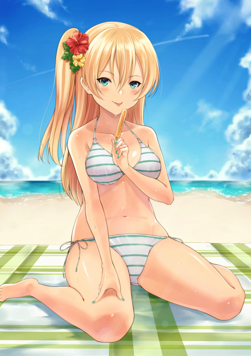 1girl :q bangs bare_arms bare_legs bare_shoulders barefoot beach beach_towel bikini blonde_hair blue_sky blush breasts chokuro clouds collarbone commentary_request condensation_trail day eyebrows_visible_through_hair flower food green_bikini green_eyes green_nails hair_between_eyes hair_flower hair_ornament hand_on_own_thigh hibiscus highres holding holding_food horizon leaf light_rays long_hair looking_at_viewer medium_breasts moe2018 nail_polish navel ocean one_side_up original outdoors plaid popsicle red_flower shadow shiny shiny_hair shiny_skin side-tie_bikini sitting sky smile solo stomach striped striped_bikini summer sunlight sweat swimsuit tongue tongue_out towel wariza white_bikini yellow_flower