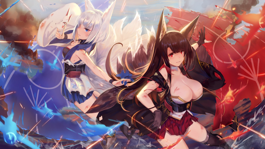 2girls aircraft airplane akagi_(azur_lane) animal_ears azur_lane battle blue_eyes breasts brown_hair commentary_request explosion fox_ears fox_mask fox_tail highres injury kaga_(azur_lane) kakumayu large_breasts long_hair mask medium_breasts multiple_girls pleated_skirt red_eyes revision short_hair skirt sparks tail torn_clothes white_hair