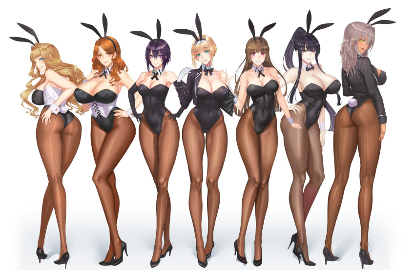 6+girls animal_ears aqua_eyes ass bangs bare_shoulders black_gloves black_hair black_leotard blonde_hair blue_eyes breasts brown_eyes brown_hair bunny_tail bunnysuit cleavage collarbone commentary_request covered_navel cropped_jacket daglasses dark_skin detached_sleeves elbow_gloves erect_nipples eyebrows_visible_through_hair fake_animal_ears full_body gloves grey_hair hand_on_hip high_heels highres jacket large_breasts leotard long_hair looking_at_viewer multiple_girls open_clothes open_jacket original pale_skin pantyhose purple_hair rabbit_ears red_eyes short_hair simple_background smile standing strapless strapless_leotard tail violet_eyes white_background white_gloves wrist_cuffs yellow_eyes