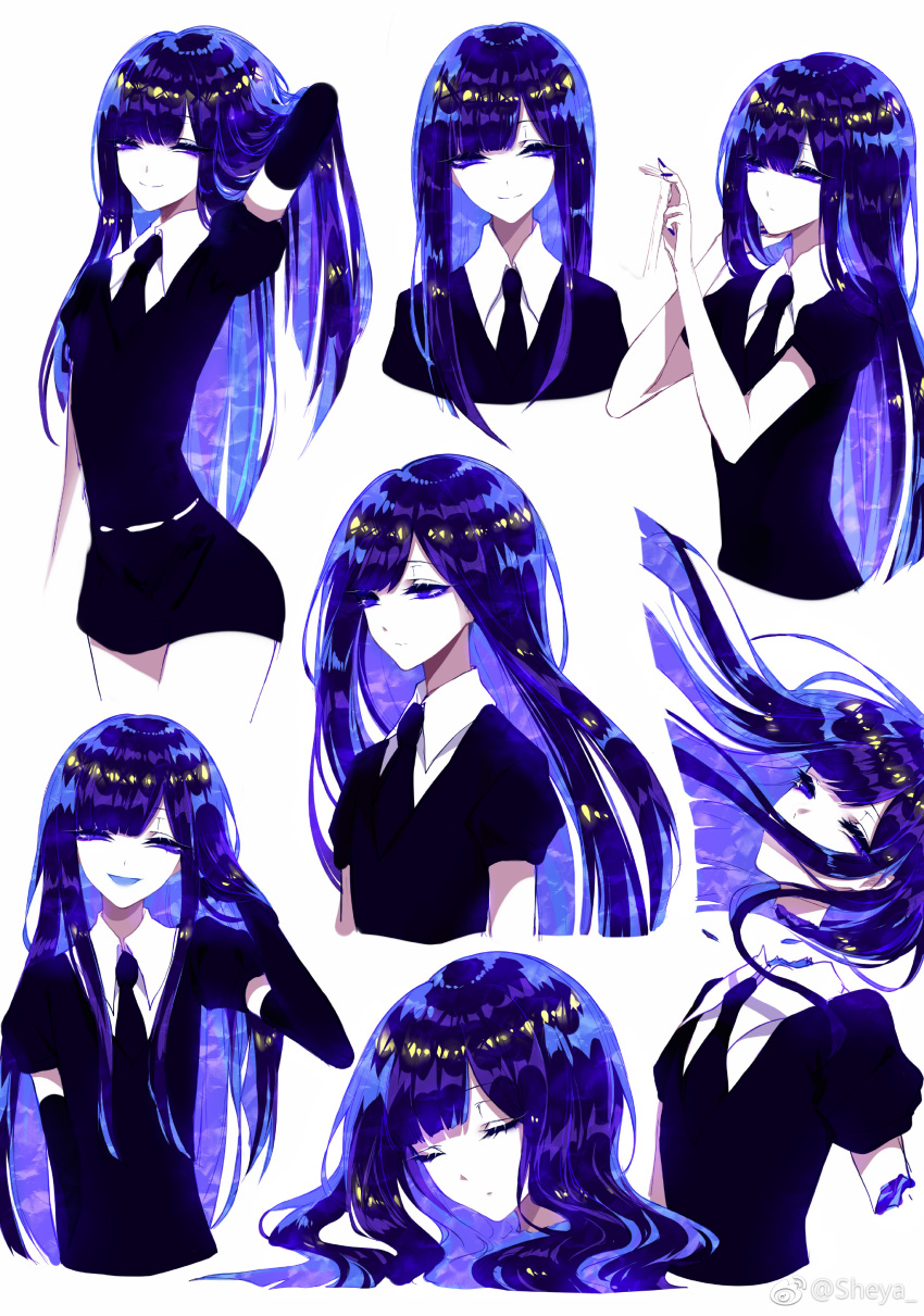absurdres androgynous arm_up artist_name bangs black_gloves black_neckwear black_shorts blue_eyes blue_hair blue_nails blunt_bangs closed_eyes commentary_request cowboy_shot elbow_gloves expressions gloves highres houseki_no_kuni lapis_lazuli_(houseki_no_kuni) long_hair looking_at_viewer multiple_views nail_polish necktie puffy_short_sleeves puffy_sleeves sheya short_shorts short_sleeves shorts simple_background smile standing upper_body weibo_logo weibo_username white_background