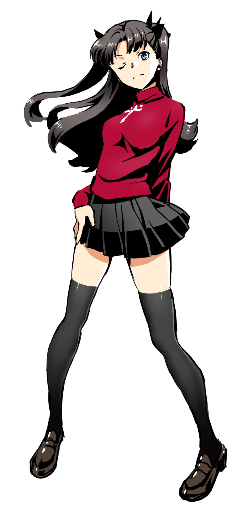 1girl absurdres arm_behind_back black_eyes black_hair black_legwear black_ribbon black_skirt breasts brown_footwear fate/stay_night fate_(series) floating_hair full_body hair_ribbon highres kurai_nao long_hair looking_at_viewer medium_breasts miniskirt one_eye_closed pleated_skirt red_shirt ribbon shiny shiny_clothes shirt shoes simple_background skirt solo standing thigh-highs tohsaka_rin white_background zettai_ryouiki