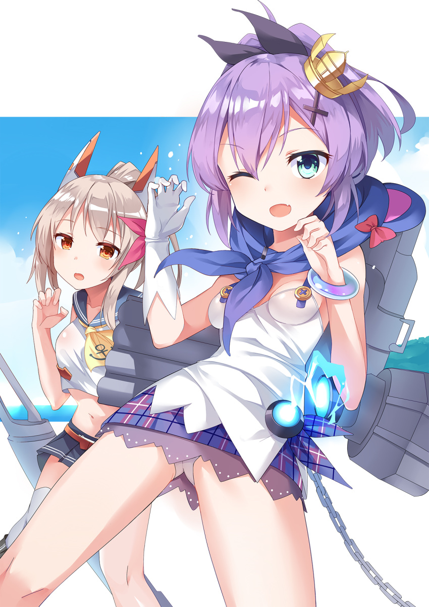 2girls ayanami_(azur_lane) azur_lane belt black_bow blue_eyes blush bow bracelet breasts cannon crown fang gloves hair_ornament highres javelin_(azur_lane) jewelry lavender_hair multiple_girls neckerchief nekomicha one_eye_closed open_mouth orange_eyes panties pink_bow plaid plaid_skirt pleated_skirt ponytail sailor_collar school_uniform see-through serafuku shiny shiny_hair shiny_skin short_hair skirt small_breasts thigh-highs underwear white_gloves white_legwear white_panties x_hair_ornament