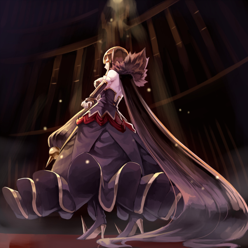 1girl absurdly_long_hair bare_shoulders black_dress black_hair bridal_gauntlets detached_sleeves dress fate/grand_order fate_(series) fur_trim hair_ornament high_heels highres long_dress long_hair pointy_ears semiramis_(fate) sidelocks solo spikes strapless strapless_dress sue_(bg-bros) very_long_hair yellow_eyes