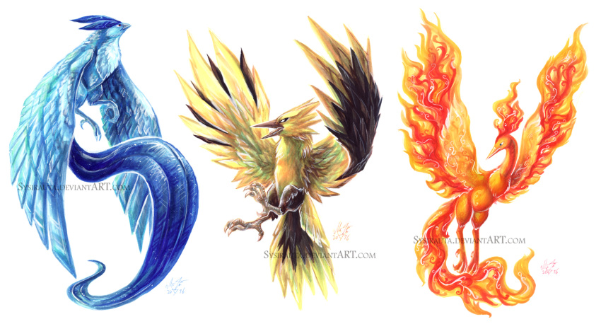 2016 articuno bird flying highres looking_away looking_to_the_side moltres pokemon pokemon_(creature) pokemon_(game) pokemon_rgby realistic signature simple_background sysirauta traditional_media watermark web_address white_background zapdos