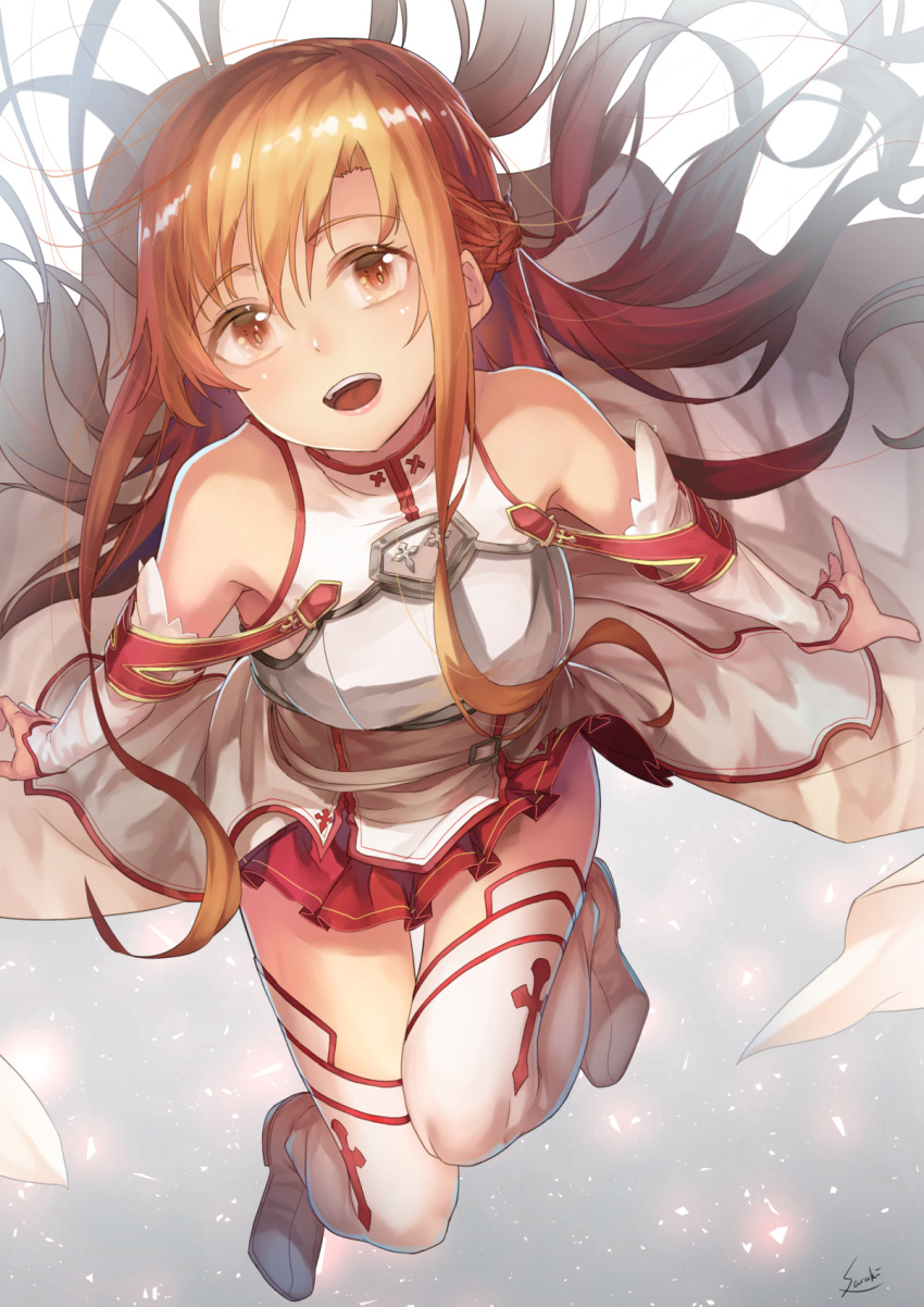 1girl asuna_(sao) breastplate brown_eyes brown_hair detached_sleeves highres long_hair looking_at_viewer open_mouth saraki signature smile solo sword_art_online thigh-highs white_legwear
