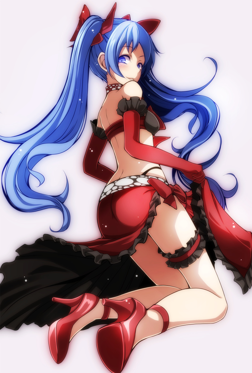 1girl absurdres black_bra black_panties blue_eyes blue_hair bow bra elbow_gloves floating_hair frilled_skirt frills full_body gloves grey_background hair_bow hatsune_miku high_heels highleg highleg_panties highres kneehighs long_hair looking_at_viewer looking_back panties project_diva_(series) red_bow red_footwear red_gloves red_skirt simple_background skirt smile solo thigh_strap tsukishiro_saika twintails underwear very_long_hair vocaloid