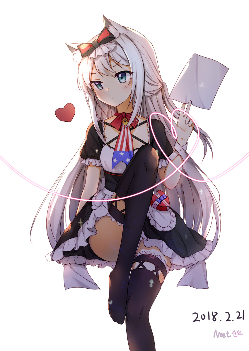 1girl absurdres american_flag american_flag_print azur_lane bangs bell between_fingers black_bow black_dress black_legwear blush bow closed_mouth commentary_request dated dress eyebrows_visible_through_hair flag_print green_eyes hair_bow hammann_(azur_lane) hamster_(hanmster) head_tilt heart heart-shaped_box highres holding holding_paper jingle_bell long_hair looking_at_viewer paper print_neckwear puffy_short_sleeves puffy_sleeves short_sleeves silver_hair simple_background sitting solo thigh-highs v-shaped_eyebrows very_long_hair white_background