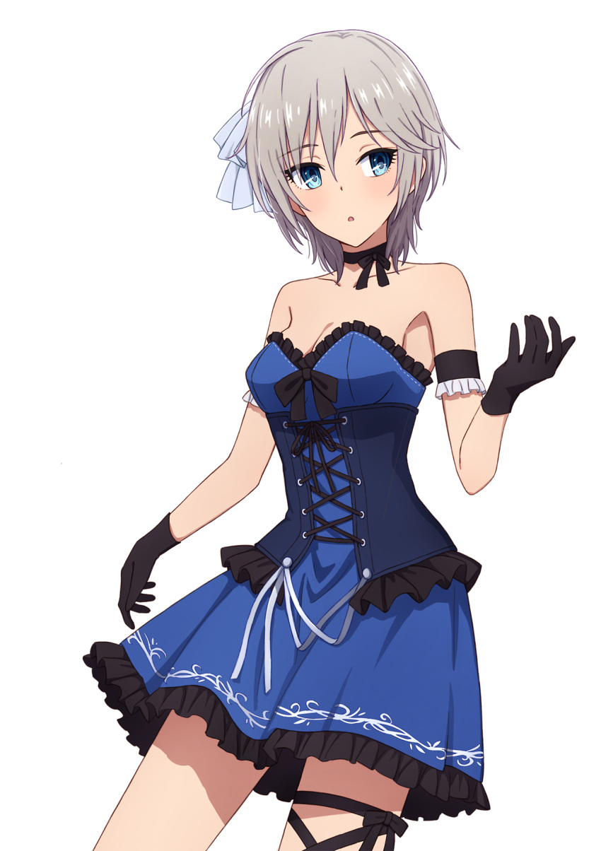 1girl anastasia_(idolmaster) arm_strap black_gloves black_ribbon blue_dress blue_eyes breasts choker cleavage collarbone cowboy_shot dress eyebrows_visible_through_hair frilled_dress frills gloves grey_ribbon hair_between_eyes hair_ribbon highres idolmaster idolmaster_cinderella_girls looking_away medium_breasts open_mouth ribbon ribbon_choker short_dress short_hair silver_hair simple_background sleeveless sleeveless_dress solo standing strapless strapless_dress thigh_ribbon white_background yahiro_(epicopeiidae)