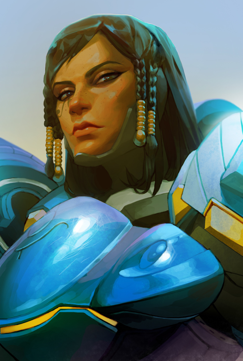 1girl absurdres bangs dark_skin eye_of_horus eyeliner facial_tattoo hair_tubes highres lips makeup no_headwear no_helmet nose overwatch pharah_(overwatch) power_armor rukiana side_braids solo swept_bangs tattoo upper_body