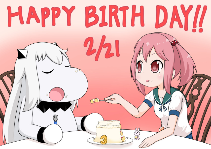 birthday_cake cake chair closed_eyes collar commentary_request food food_on_face fork gradient gradient_background hair_bobbles hair_ornament happy holding holding_food holding_fork horns kantai_collection long_hair mittens moomin muppo northern_ocean_hime open_mouth pink_eyes pink_hair rabbit sazanami_(kantai_collection) sazanami_konami school_uniform serafuku shinkaisei-kan short_sleeves sidelocks sitting table twintails white_hair