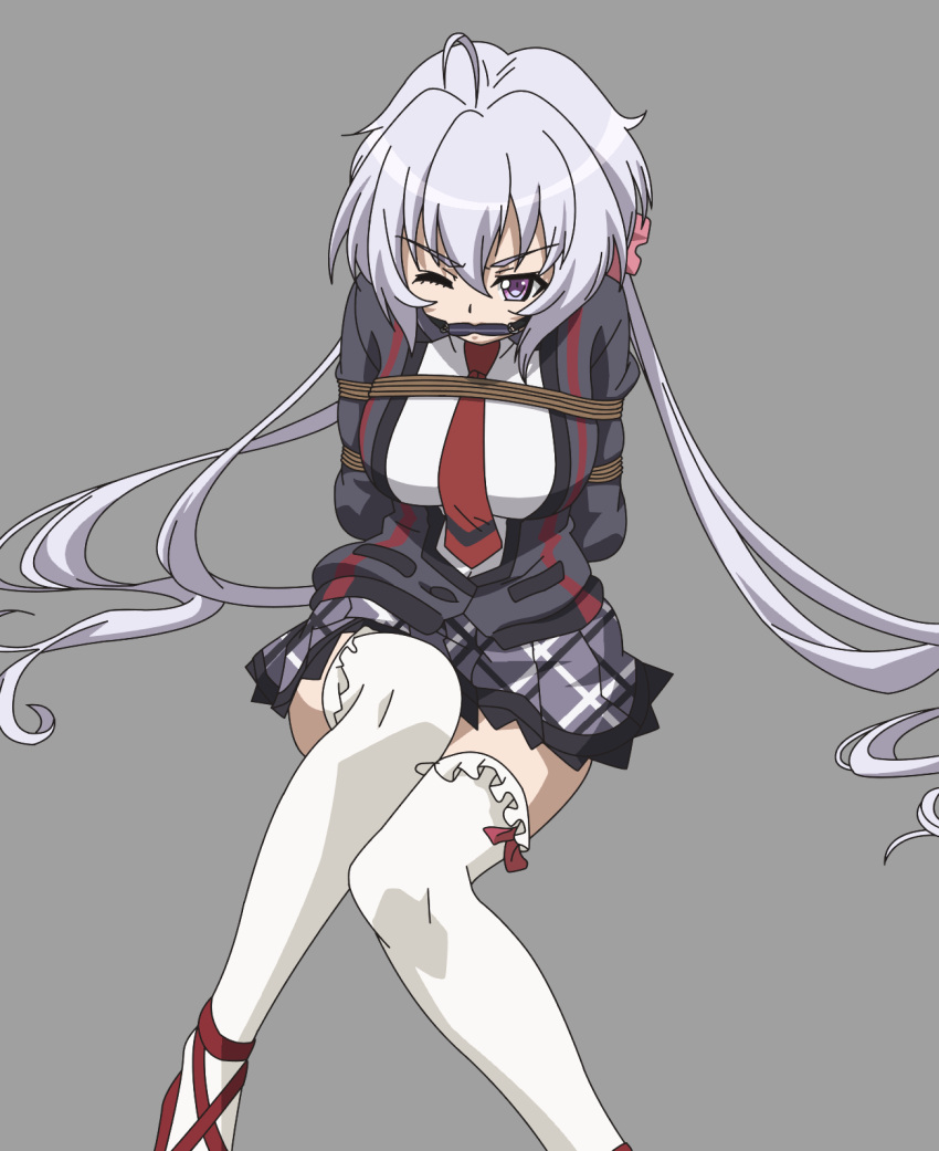 1girl ahoge armpits arms_behind_back bdsm bit_gag black_gloves bondage bound bound_arms breasts bridal_gauntlets elbow_gloves gag gloves grey_background highres large_breasts long_hair low_twintails necktie one_eye_closed purple_hair red_neckwear rope school_uniform senki_zesshou_symphogear simple_background skirt solo thigh-highs tied_up twintails very_long_hair violet_eyes white_legwear wince yukine_chris