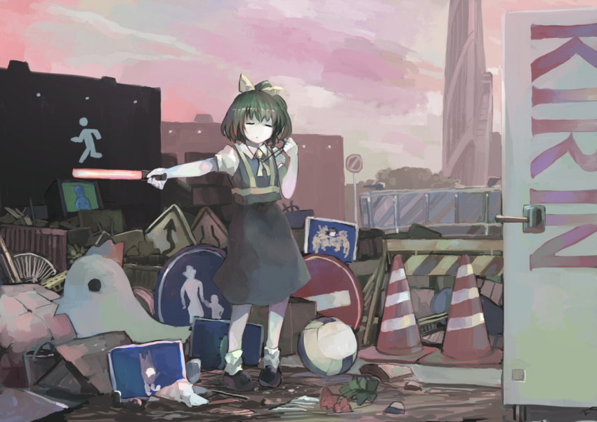 1girl bird building chicken closed_eyes cookie_(touhou) daiyousei green_hair hair_ribbon hinase_(cookie) holding_whistle ichiba_youichi ribbon road_sign scenery short_hair short_ponytail sign skyscraper socks solo traffic_cone volleyball whistle white_legwear yellow_ribbon