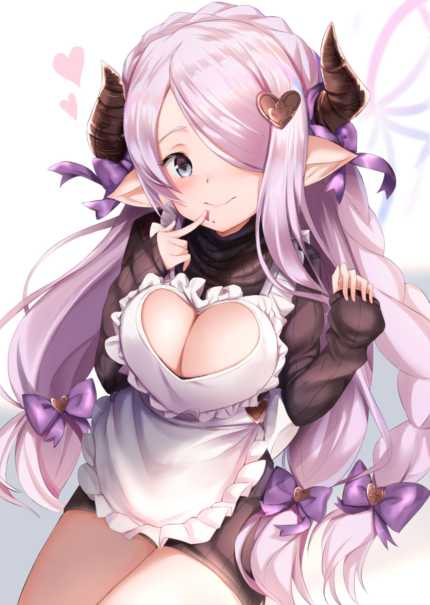 1girl apron black_sweater blue_eyes bow braid breasts chocolate chocolate_heart cleavage cleavage_cutout commentary_request doraf eyebrows_visible_through_hair frilled_apron frills granblue_fantasy hair_bow hair_ornament hair_over_one_eye hand_up heart heart_cutout heart_hair_ornament highres horns large_breasts long_hair looking_at_viewer maosame narumeia_(granblue_fantasy) open_mouth pointy_ears purple_bow ribbed_sweater single_braid sitting smile solo sweater teeth turtleneck turtleneck_sweater valentine very_long_hair white_apron wooden_floor