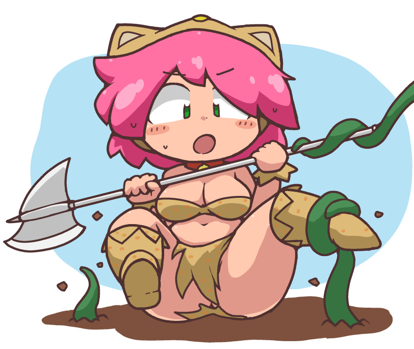 1girl :o absurdres animal_hood axe bangs bare_shoulders battle_axe bell bell_collar berserker_(final_fantasy) bikini_top blush boots breasts brown_bikini_top brown_footwear cat_hood cleavage collar dirt eyebrows eyebrows_visible_through_hair facing_viewer final_fantasy final_fantasy_v green_eyes highres holding holding_axe holding_weapon hood hood_up jingle_bell knee_boots kuto_tubuyaki legs_apart legs_up lenna_charlotte_tycoon loincloth navel open_mouth pink_hair plant red_collar short_hair sitting solo stomach strapless sweat v-shaped_eyebrows vines weapon wristband