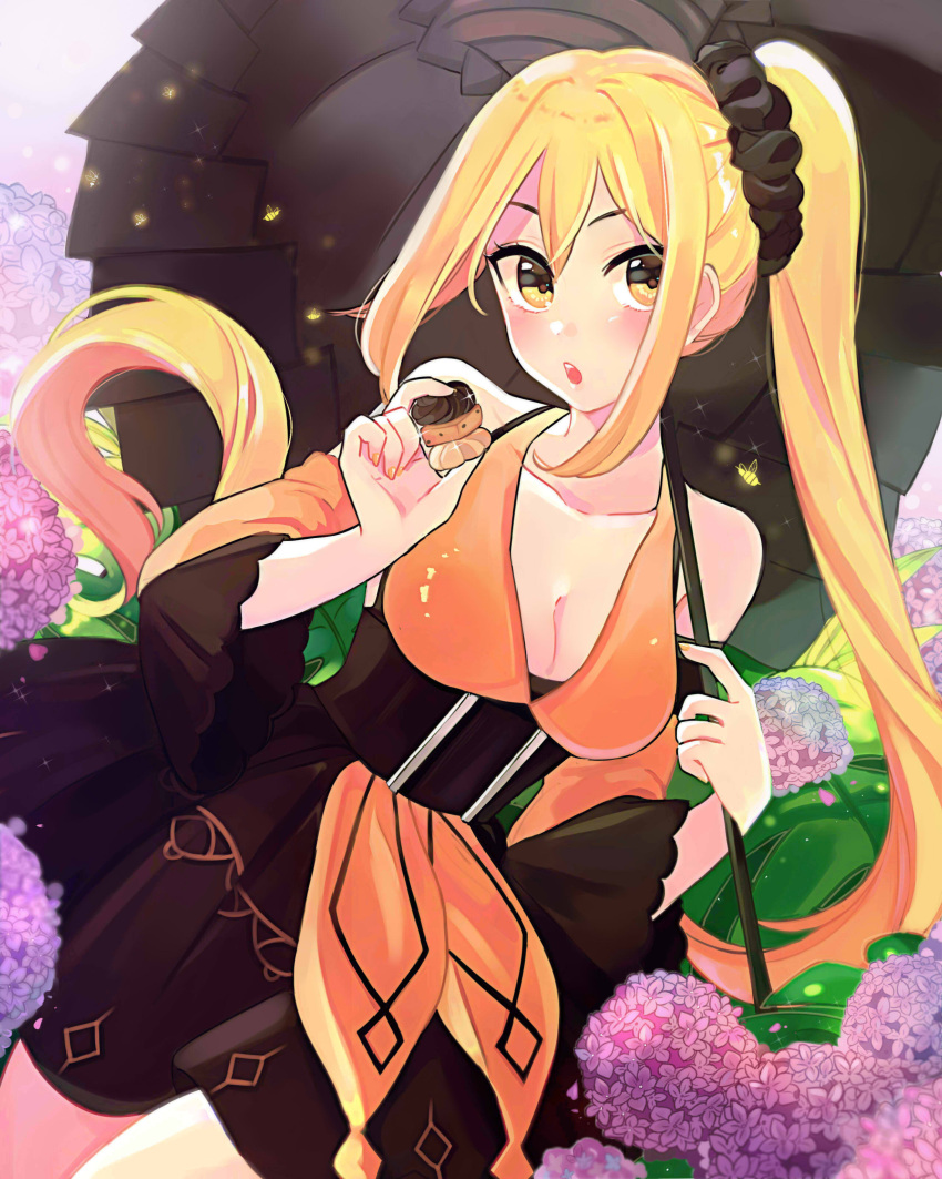 1girl absurdres bangs bare_shoulders black_skirt blonde_hair blush breasts cleavage collarbone cookie detached_sleeves dress eyebrows_visible_through_hair flower food forever_7th_capital hair_between_eyes highres holding_cookie large_breasts long_hair official_art open_mouth orange_dress parasol ponytail scrunchie skirt solo tomato_omurice_melon umbrella underbust very_long_hair wide_sleeves yellow_eyes