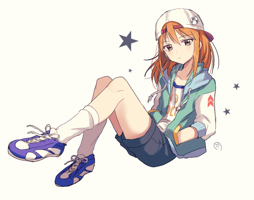 1girl backwards_hat baseball_cap blue_shorts brown_eyes closed_mouth clothes_writing eyebrows_visible_through_hair full_body hair_between_eyes hands_in_pockets hat hood hood_down hoodie ichiren_namiro idolmaster idolmaster_cinderella_girls invisible_chair long_sleeves looking_at_viewer open_clothes open_hoodie orange_hair purple_footwear shirt shoes shorts signature simple_background sitting sneakers socks solo star white_background white_legwear white_shirt yuuki_haru