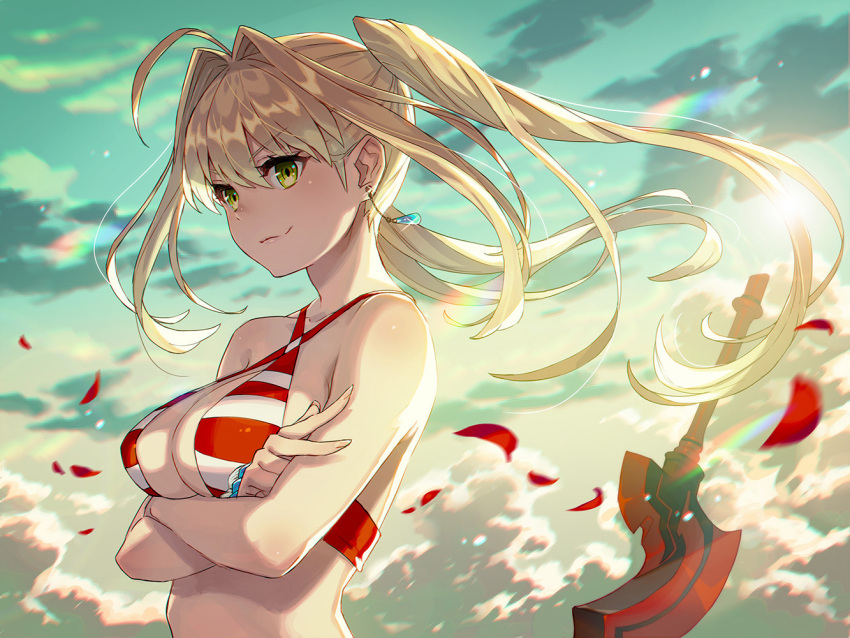 1girl aestus_estus ahoge bangs bare_arms bare_shoulders bikini blonde_hair bracelet breasts closed_mouth clouds cloudy_sky collarbone criss-cross_halter crossed_arms day earrings eyebrows_visible_through_hair fate/grand_order fate_(series) fingernails floating_hair from_side gradient_sky green_eyes green_sky hair_between_eyes hair_intakes halter_top halterneck jewelry kusano_shinta large_breasts lens_flare long_hair looking_at_viewer motion_blur nero_claudius_(fate)_(all) nero_claudius_(swimsuit_caster)_(fate) petals planted_sword planted_weapon red_bikini rose_petals shade shiny shiny_hair sideways_glance sky smirk solo standing striped striped_bikini sun sunlight swimsuit sword upper_body v-shaped_eyebrows weapon wind