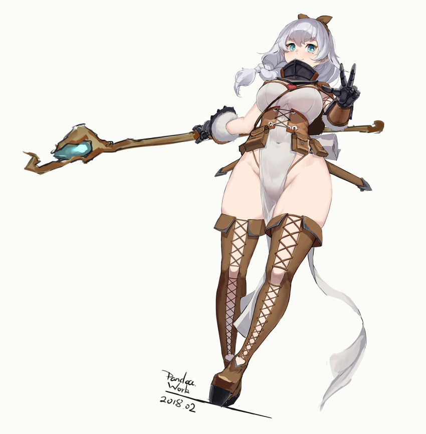 1girl blue_eyes blush boots breasts covered_navel drape gauntlets groin highres holding holding_staff large_breasts long_hair looking_at_viewer mole mole_under_eye original pandea_work pouch sheath sheathed solo staff sword thigh-highs thigh_boots w weapon white_hair