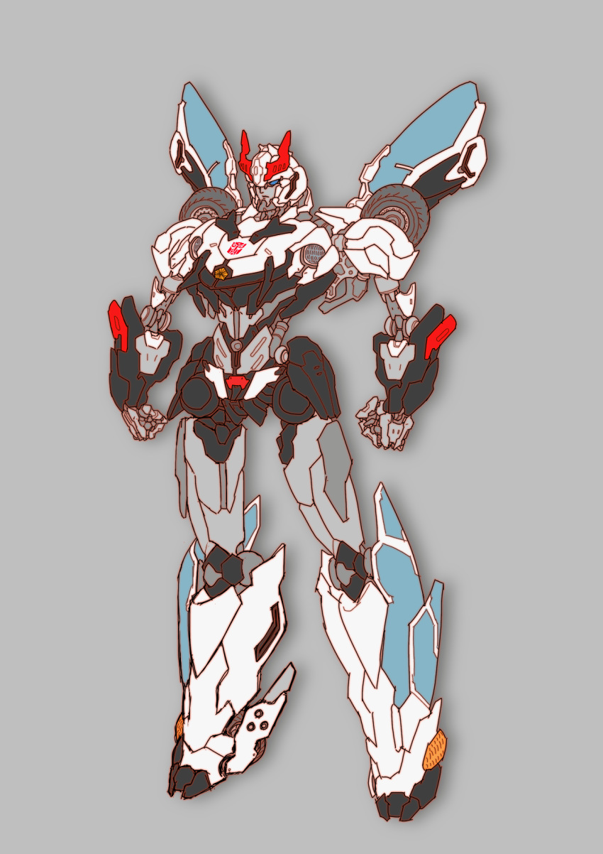 1boy 80s autobot blue_eyes full_body grey_background highres insignia jeulove-sma11-white no_humans oldschool prowl simple_background solo standing transformers