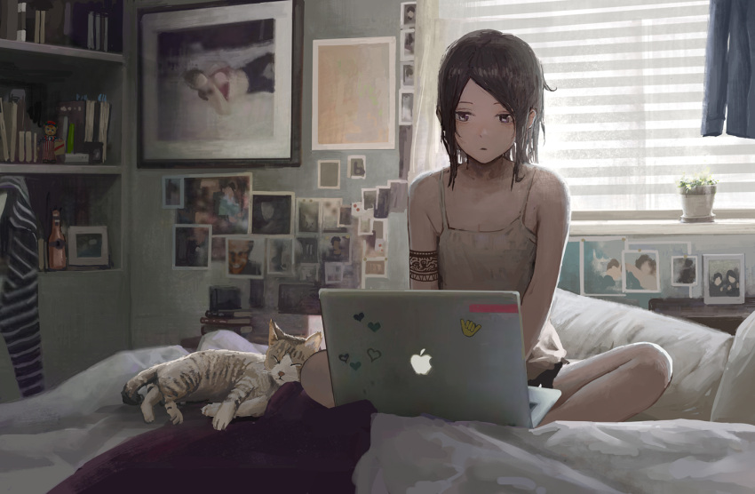 1girl animal aphex_twin bed bedroom black_hair camisole cat commentary_request computer indoors laptop on_bed original photo_(object) plant potted_plant short_hair sitting sticker tattoo tomiya_(tomiya2117) window