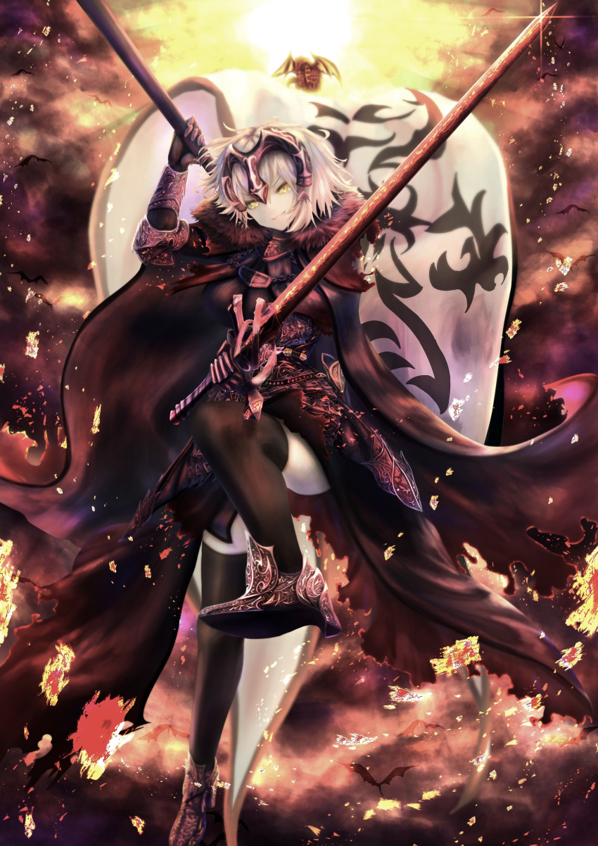 1girl absurdres armor armored_boots banner black_dress black_gloves black_legwear boots dress fate/grand_order fate_(series) gauntlets gloves head_tilt highres holding holding_weapon jeanne_d'arc_(alter)_(fate) jeanne_d'arc_(fate)_(all) looking_at_viewer outdoors short_hair silver_hair smile solo sword thigh-highs weapon yellow_eyes