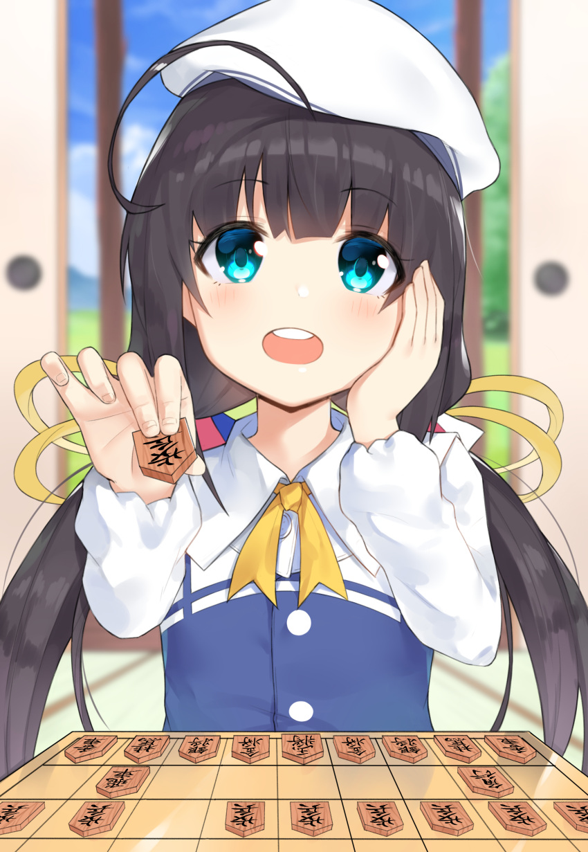 1girl :d absurdres ahoge bangs beret black_hair blue_eyes blue_sky blunt_bangs blurry blurry_background blush board_game day depth_of_field eyebrows_visible_through_hair hair_ribbon hand_on_own_cheek hat highres hinatsuru_ai holding indoors long_sleeves looking_at_viewer low_twintails neck_ribbon noria open_mouth ribbon ryuuou_no_oshigoto! shougi sky sliding_doors smile solo twintails upper_body white_hat wing_collar yellow_neckwear yellow_ribbon