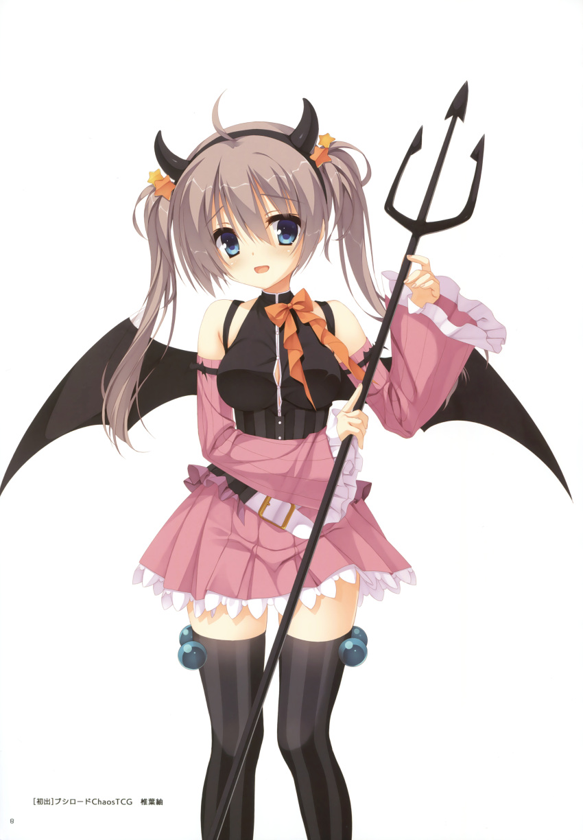 1girl absurdres black_hairband black_legwear black_shirt black_wings blue_eyes bow breasts brown_hair cleavage demon_wings detached_sleeves eyebrows_visible_through_hair fake_horns hair_between_eyes hair_ornament hairband highres holding holding_weapon long_hair medium_breasts miniskirt orange_bow pink_skirt pleated_skirt sanoba_witch shirt simple_background skirt sleeveless sleeveless_shirt solo standing star star_hair_ornament striped striped_legwear thigh-highs twintails vertical-striped_legwear vertical_stripes weapon white_background wings zettai_ryouiki