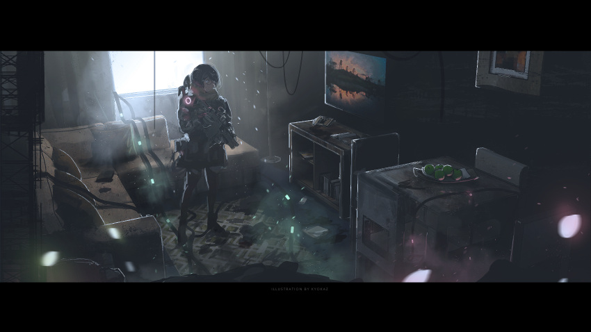 1girl absurdres cabinet chair commentary controller couch curtains day faiz_azhar flat_screen_tv glasses gun highres holding holding_gun holding_weapon indoors legs_apart letterboxed light_particles original painting_(object) remote_control ruins shoes short_hair solo standing table television weapon window