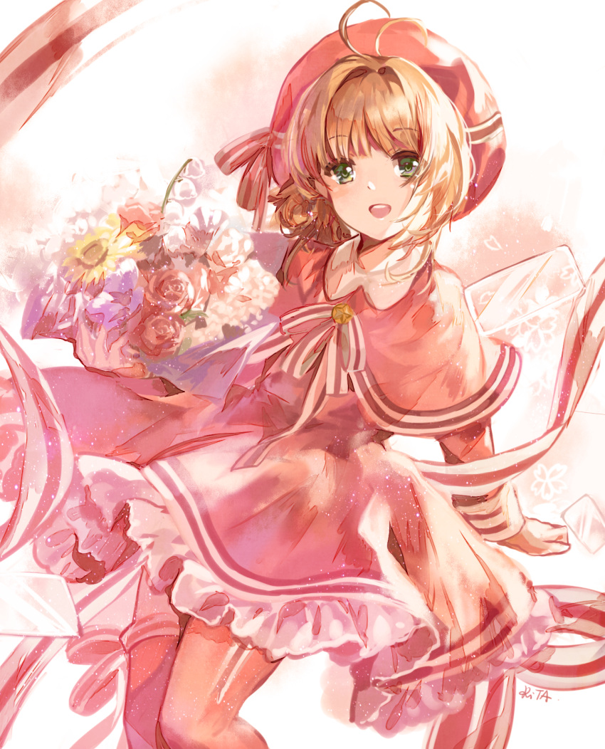 1girl :d antenna_hair bouquet brown_hair card_captor_sakura cowboy_shot dress elise_(piclic) eyebrows_visible_through_hair flower green_eyes highres holding holding_bouquet kinomoto_sakura open_mouth pink_dress red_flower red_legwear ribbon smile solo standing striped striped_ribbon thigh-highs white_flower yellow_flower