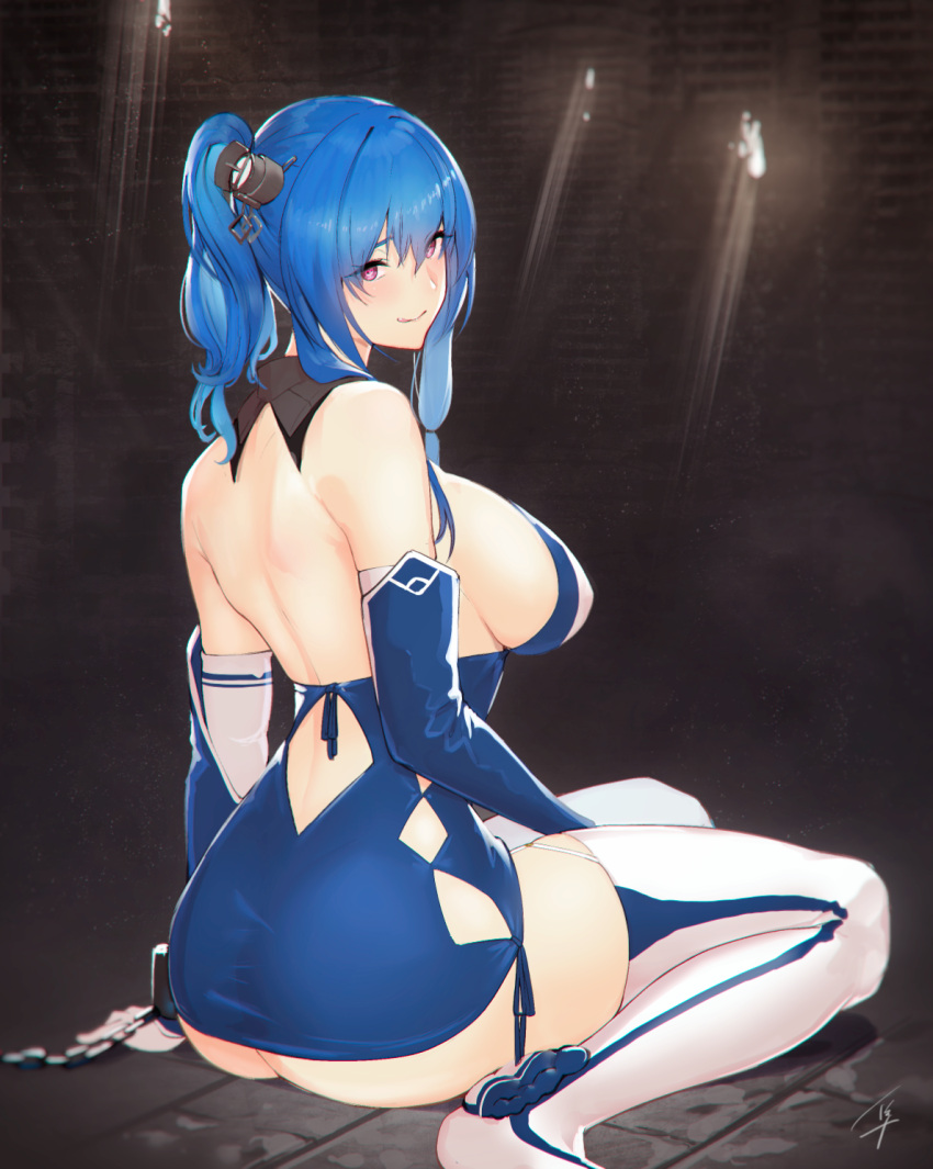 1girl argyle_cutout ass azur_lane backboob bangs bare_shoulders blue_dress blue_gloves blue_hair blue_ribbon breasts chained chains closed_mouth commentary_request dress elbow_gloves eyes_visible_through_hair from_behind garter_straps gloves hair_ornament halterneck hayabusa highres indoors large_breasts looking_at_viewer looking_back ribbon side_ponytail sitting solo st._louis_(azur_lane) thigh-highs tongue tongue_out violet_eyes white_legwear