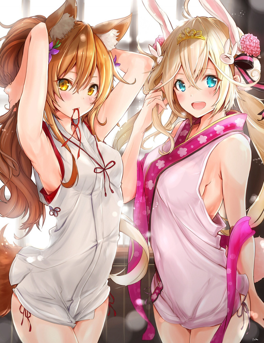 2girls animal_ears antenna_hair armpits arms_behind_head bare_legs black_panties blonde_hair blue_eyes blurry blurry_background blush breasts cowboy_shot diadem flower fuku_kitsune_(fuku_fox) hair_between_eyes hair_flower hair_ornament hair_twirling highres indoors lens_flare long_hair looking_at_viewer mouth_hold multiple_girls open_mouth orange_eyes orange_hair panties ponytail red_panties red_ribbon ribbon shironeko_project shirt side-tie_panties sleeveless standing tail underwear white_shirt window