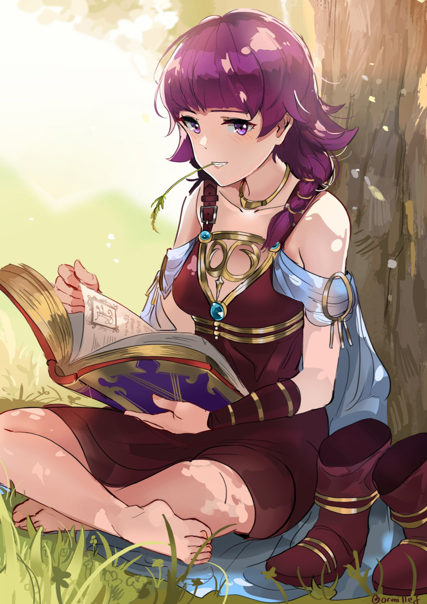 1girl barefoot book boots dotentity dress fire_emblem fire_emblem:_seima_no_kouseki grass highres holding holding_book leaning_back looking_at_viewer lute_(fire_emblem) purple_hair sitting smile solo violet_eyes