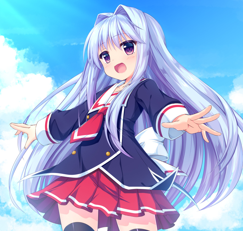 1girl absurdres black_legwear blue_hair blue_sky blush buttons cube_x_cursed_x_curious day fear_kubrick flat_chest highres long_hair long_sleeves open_mouth pink_eyes pleated_skirt red_neckwear red_skirt school_uniform serafuku skirt sky standing taishuu_high_school_uniform takuma_ss thigh-highs