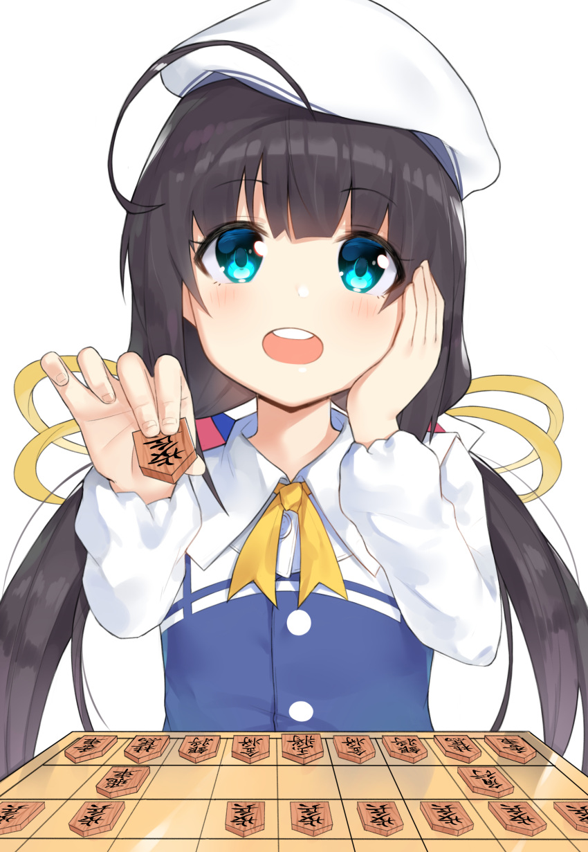 1girl :d absurdres ahoge bangs beret black_hair blue_eyes blunt_bangs blush board_game eyebrows_visible_through_hair hair_ribbon hand_on_own_cheek hat highres hinatsuru_ai holding long_sleeves looking_at_viewer low_twintails neck_ribbon noria open_mouth ribbon ryuuou_no_oshigoto! shougi simple_background smile solo twintails upper_body white_background white_hat wing_collar yellow_neckwear yellow_ribbon