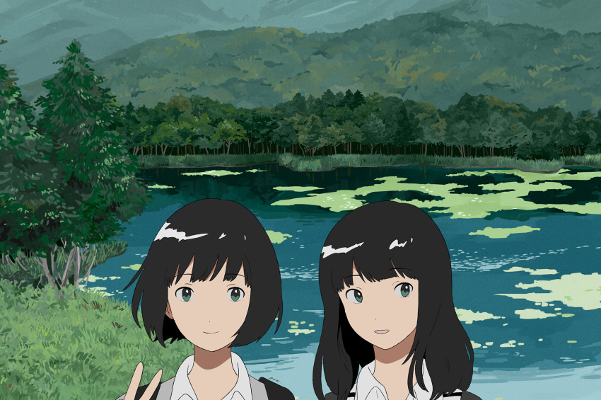 2girls anime_coloring bangs black_hair closed_mouth collared_shirt commentary_request day eyebrows_visible_through_hair forest green_eyes gumi. highres hill long_hair looking_at_viewer multiple_girls nature open_mouth original outdoors river scenery shirt short_hair smile tree water wing_collar