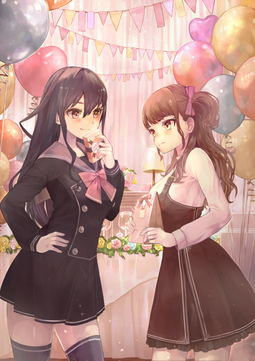 2girls balloon black_hair black_legwear blush bow box brown_eyes brown_hair commentary_request gift gift_box highres holding holding_gift kyota07 long_hair long_sleeves looking_at_another multiple_girls original smile standing thigh-highs