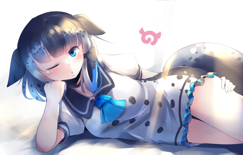 1girl :o absurdres ascot bangs black_sailor_collar blue_eyes blue_neckwear blunt_bangs blush dress eyebrows_visible_through_hair hair_flaps head_rest highres japari_symbol kanzakietc kemono_friends light_rays looking_at_viewer lying multicolored_hair narwhal_(kemono_friends) on_side one_eye_closed parted_lips sailor_collar sailor_dress solo tail