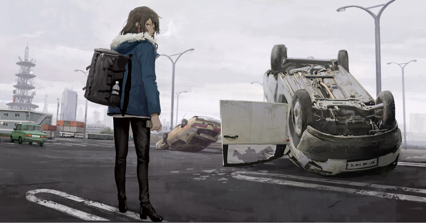 1girl backpack bag black_footwear black_pants boots bottle broken_glass building car car_crash cigarette city clouds cloudy_sky commentary_request copyright_request day fur_trim glass ground_vehicle highres holding hood hood_down hooded_jacket jacket lamppost light_brown_hair long_hair long_sleeves looking_at_viewer looking_back motor_vehicle outdoors pants parking_lot road sky smoke smoking solo standing tomiya_(tomiya2117) vehicle_request water_bottle winter_clothes