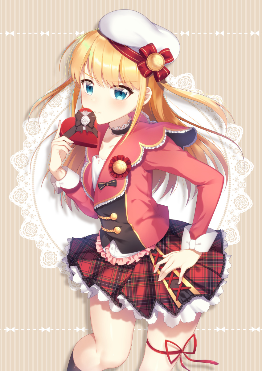 1girl absurdres beret blonde_hair blue_eyes chocolate chocolate_heart choker commentary_request cuffs eyebrows_visible_through_hair flower hand_on_hip hand_up hat heart highres ichiren_namiro kneehighs leg_ribbon light_blue_eyes long_hair long_sleeves original plaid plaid_skirt ribbon skirt solo tagme tsundere valentine