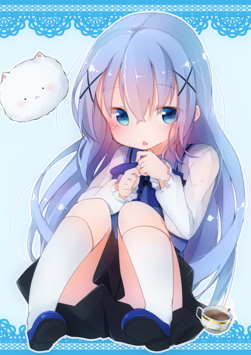 1girl black_skirt blue_eyes blue_hair blue_vest coffee coffee_cup dress_shirt gochuumon_wa_usagi_desu_ka? gurantsu hair_ornament hairclip highres kafuu_chino kneehighs long_hair open_mouth shirt shoes skirt tippy_(gochiusa) vest white_legwear white_shirt