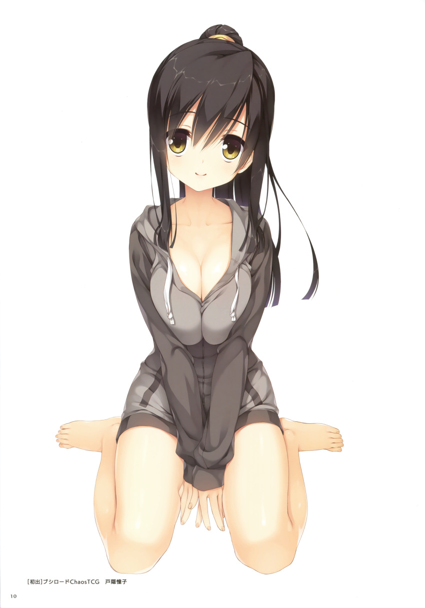 1girl absurdres barefoot between_legs black_hair breasts brown_eyes collarbone eyebrows_visible_through_hair floating_hair full_body grey_sweater hair_between_eyes hand_between_legs head_tilt highres kneeling large_breasts long_hair looking_at_viewer naked_sweater sanoba_witch simple_background sitting smile solo sweater very_long_hair white_background