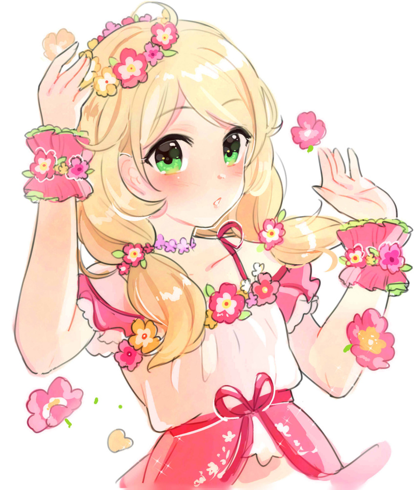 1girl ahoge bangs bare_shoulders blonde_hair blush collarbone dress eyebrows_visible_through_hair flower flower_necklace green_eyes head_wreath highres idolmaster idolmaster_cinderella_girls idolmaster_cinderella_girls_starlight_stage jewelry looking_at_viewer low_twintails necklace open_mouth pink_dress shiny shiny_hair short_hair simple_background solo tomato_omurice_melon twintails white_background wrist_cuffs yusa_kozue