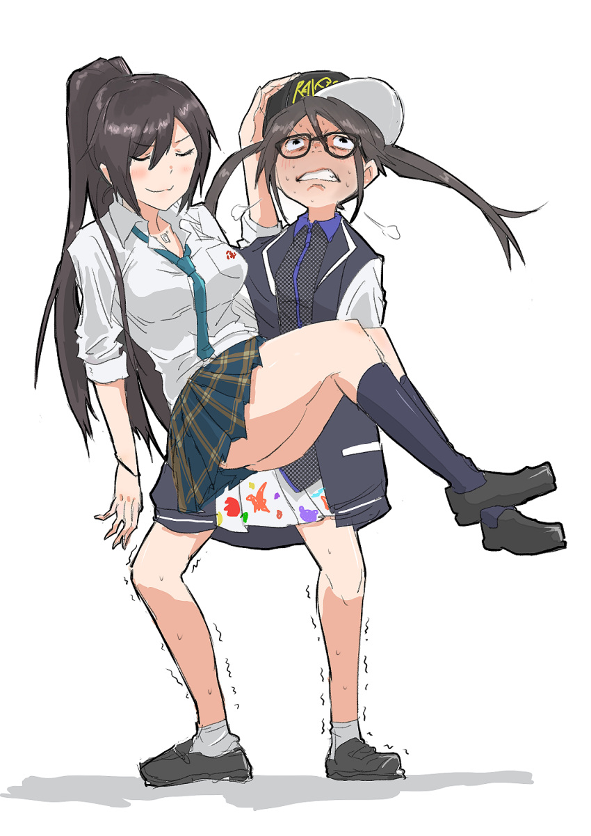 2girls baseball_cap black_hair blush carrying closed_eyes commentary_request glasses hat highres idolmaster idolmaster_shiny_colors long_hair mitsumine_yuika multiple_girls necktie ponytail princess_carry school_uniform shirase_sakuya sketch smug trembling twintails yellow_eyes zonbaio