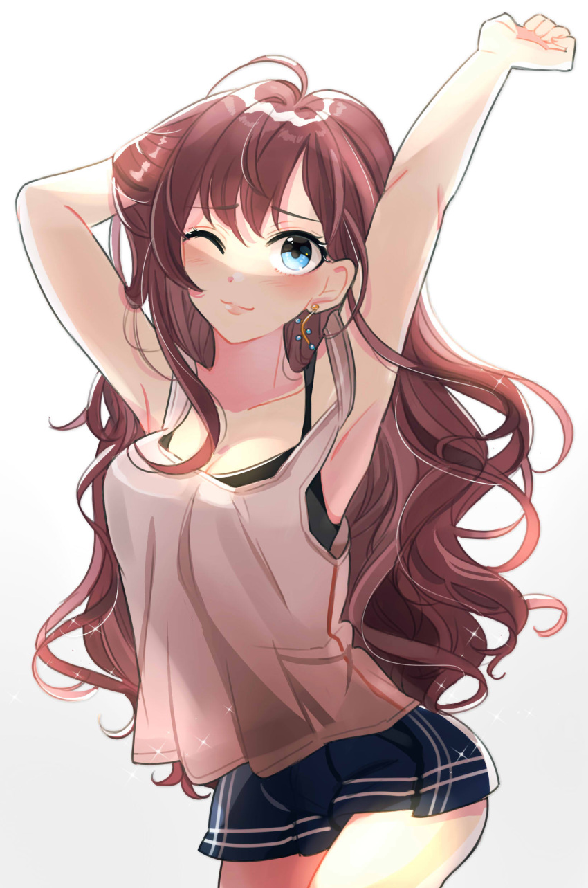 1girl absurdres ahoge armpits arms_up bangs blue_eyes blue_skirt blush breasts brown_hair cleavage collarbone earrings eyebrows_visible_through_hair highres hips ichinose_shiki idolmaster idolmaster_cinderella_girls jewelry long_hair medium_breasts one_eye_closed shiny shiny_hair simple_background skirt smile solo stretch tank_top tomato_omurice_melon wavy_hair white_background