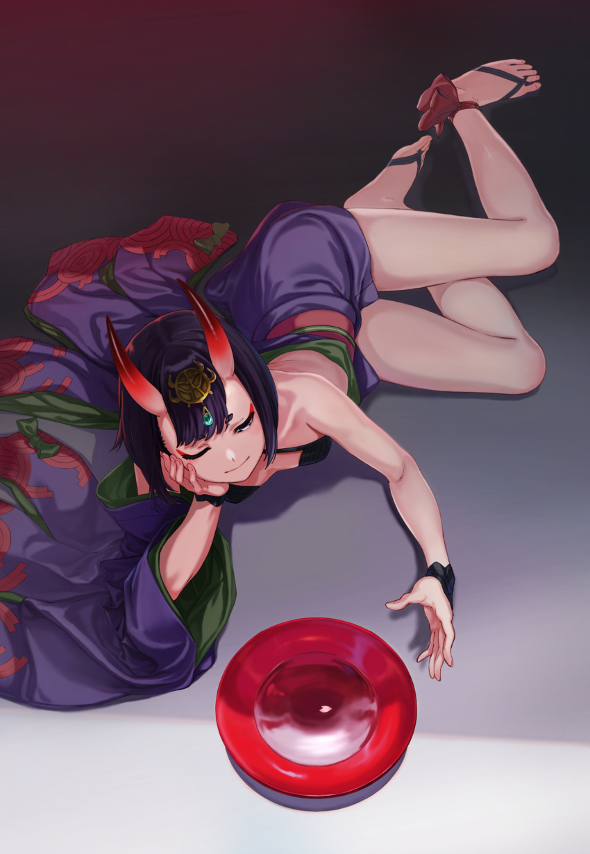 1girl alcohol ankle_bow ankle_ribbon arm_support bangs bare_arms bare_shoulders bow breasts closed_mouth commentary_request cup eyebrows_visible_through_hair fate/grand_order fate_(series) fingernails hair_ornament highres horns japanese_clothes kimono long_sleeves off_shoulder one_eye_closed oni oni_horns petals purple_hair purple_kimono red_bow ribbon sakazuki sake short_hair shuten_douji_(fate/grand_order) small_breasts smile solo toenails tuchinokoeffect violet_eyes wide_sleeves