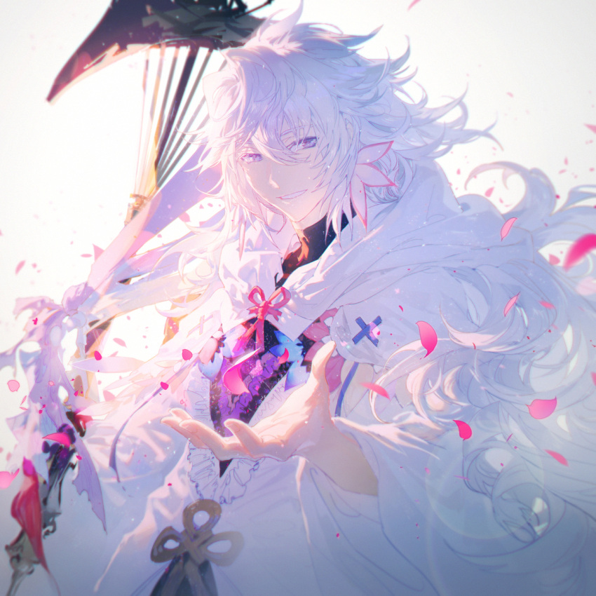 1boy black_shirt blue_eyes cherry_blossoms commentary fate/grand_order fate_(series) highres hood hood_down long_hair male_focus merlin_(fate/stay_night) messy_hair outstretched_hand petals rella robe shirt smile solo staff very_long_hair white_hair white_robe