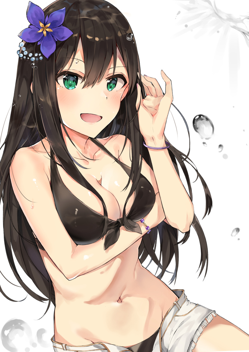 1girl :d absurdres bare_shoulders bikini black_bikini black_hair blush bracelet breasts cleavage collarbone eyebrows_visible_through_hair flower front-tie_bikini front-tie_top green_eyes hair_flower hair_ornament highres idolmaster idolmaster_cinderella_girls jewelry long_hair looking_at_viewer medium_breasts navel open_fly open_mouth shibuya_rin short_shorts shorts smile solo swimsuit tuxedo_de_cat