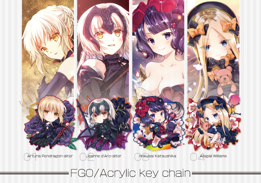 4girls :d abigail_williams_(fate/grand_order) armor armored_boots armored_dress artoria_pendragon_(all) bangs bare_shoulders black_bow black_dress black_footwear black_gloves black_hat black_kimono black_legwear blonde_hair bloomers blue_eyes blush boots bow braid breasts brown_eyes butterfly calligraphy_brush character_name cleavage closed_mouth commentary_request dress elbow_gloves eyebrows_visible_through_hair fate/apocrypha fate/grand_order fate/stay_night fate_(series) flower gloves hair_between_eyes hair_bow hair_bun hair_ornament hat headpiece highres holding holding_paintbrush holding_sword holding_weapon iroha_(shiki) japanese_clothes jeanne_d'arc_(alter)_(fate) jeanne_d'arc_(fate)_(all) juliet_sleeves katsushika_hokusai_(fate/grand_order) key kimono large_breasts long_sleeves looking_at_viewer mary_janes multiple_girls object_hug octopus off_shoulder open_mouth orange_bow oversized_object paintbrush parted_bangs parted_lips polka_dot polka_dot_bow puffy_sleeves purple_flower purple_rose rose saber_alter shoes sidelocks silver_hair sleeves_past_fingers sleeves_past_wrists smile stuffed_animal stuffed_toy sword teddy_bear thigh-highs underwear weapon white white_bloomers yellow_eyes
