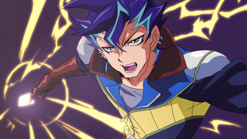 1boy blue_hair card chaya_mago earrings electricity gloves green_eyes jewelry male_focus multicolored_hair open_mouth piercing purple_hair shinji_weber solo teeth two-tone_hair yu-gi-oh! yuu-gi-ou_arc-v